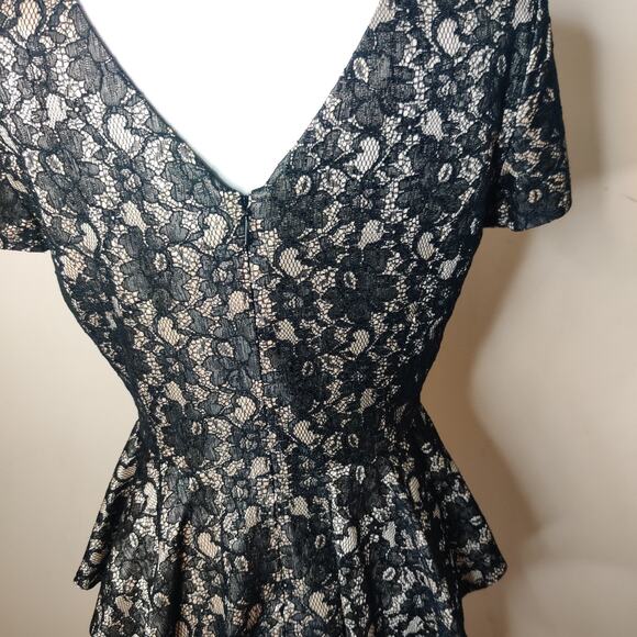 Mango Lace Peplum Top Short Sleeve Black Nude Blouse - Picture 7 of 8